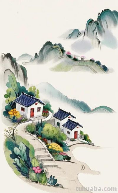简约水彩风山水乡间景色国风壁纸 - 图画吧TUHUABA