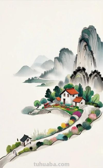 简约水彩风山水乡间景色国风壁纸 - 图画吧TUHUABA