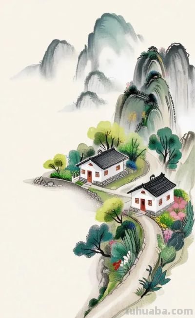 简约水彩风山水乡间景色国风壁纸 - 图画吧TUHUABA