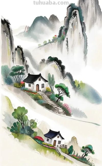 简约水彩风山水乡间景色国风壁纸 - 图画吧TUHUABA