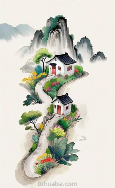 简约水彩风山水乡间景色国风壁纸 - 图画吧TUHUABA