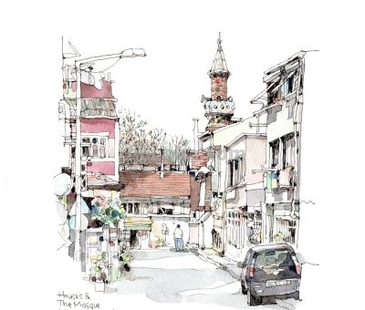 台湾速写艺术家mars钢笔淡彩作品 - 图画吧TUHUABA