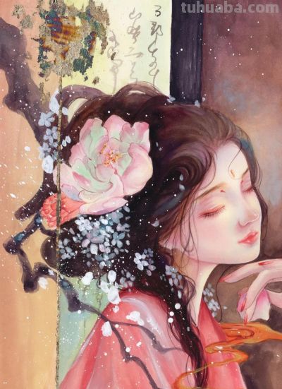 水彩晕染出的国风美人：是雪夜里的神秘，也是春光里的明媚 - 图画吧TUHUABA