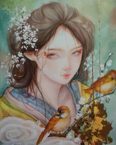 水彩晕染出的国风美人：是雪夜里的神秘，也是春光里的明媚 - 图画吧TUHUABA