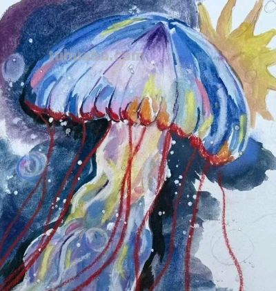 水彩水母 一笔蓝调，几缕轻丝，水母在纸上自在呼吸 - 图画吧TUHUABA