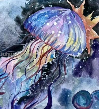 水彩水母 一笔蓝调，几缕轻丝，水母在纸上自在呼吸 - 图画吧TUHUABA