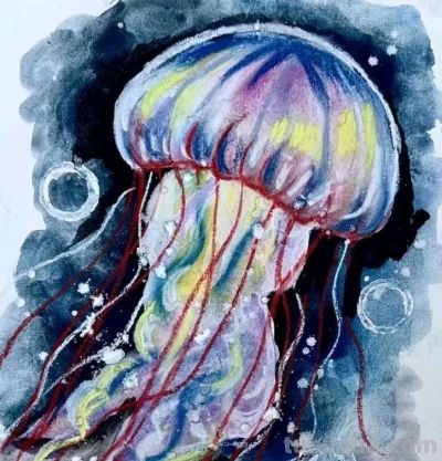 水彩水母 一笔蓝调，几缕轻丝，水母在纸上自在呼吸 - 图画吧TUHUABA