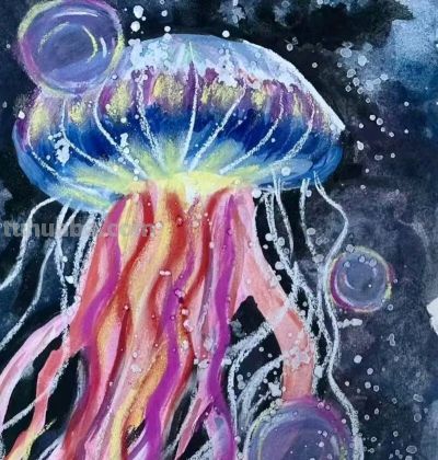 水彩水母 一笔蓝调，几缕轻丝，水母在纸上自在呼吸 - 图画吧TUHUABA