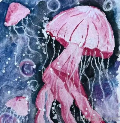 水彩水母 一笔蓝调，几缕轻丝，水母在纸上自在呼吸 - 图画吧TUHUABA
