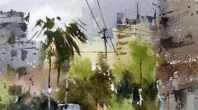 每日一画 | 楼影轻洇云脚处，风摇新绿上枝头——春意渐起·写意水彩 - 图画吧TUHUABA