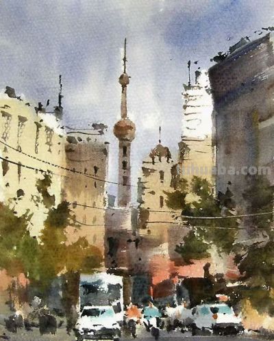 每日一画 | 楼群错落衔云色，车影参差曳日辉——街景·风景写意水彩 - 图画吧TUHUABA