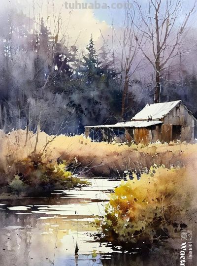 水彩《乡村景色》 - 图画吧TUHUABA