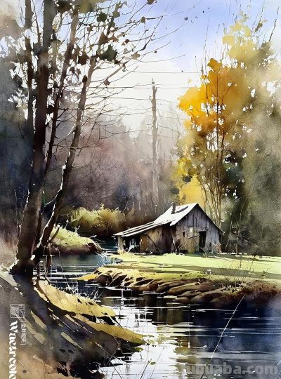 水彩《乡村景色》 - 图画吧TUHUABA