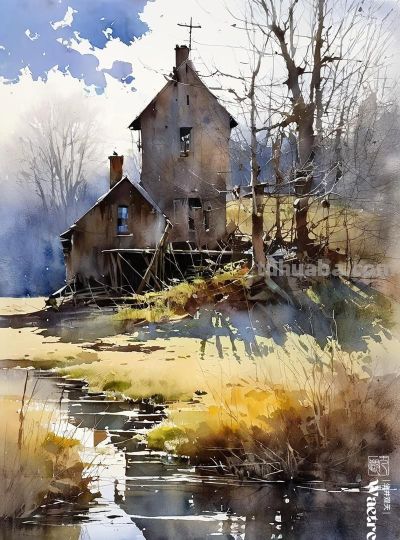 水彩《乡村景色》 - 图画吧TUHUABA