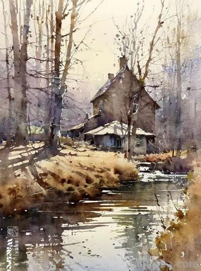 水彩《乡村景色》 - 图画吧TUHUABA