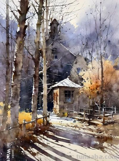 水彩《乡村景色》 - 图画吧TUHUABA