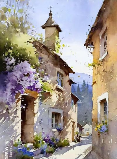 水彩《乡村景色》 - 图画吧TUHUABA