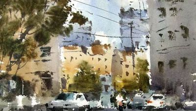 每日一画 | 楼影轻洇晴日里，车光闲曳绿阴边——街头小景·写意水彩 - 图画吧TUHUABA