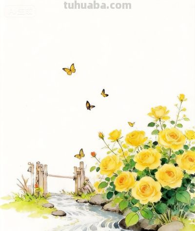 国风水彩风格:蝴蝶绕花飞，流水绕小桥！ - 图画吧TUHUABA