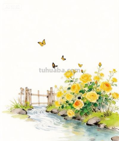 国风水彩风格:蝴蝶绕花飞，流水绕小桥！ - 图画吧TUHUABA