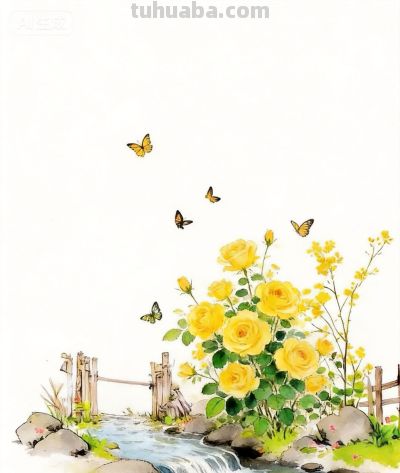 国风水彩风格:蝴蝶绕花飞，流水绕小桥！ - 图画吧TUHUABA