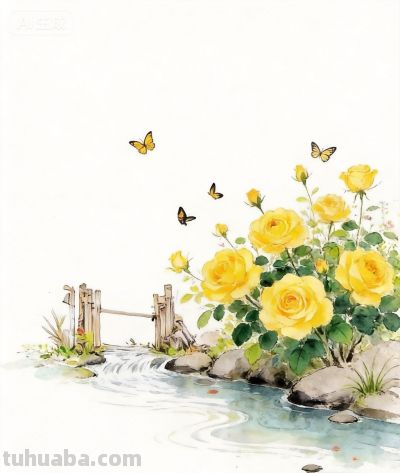 国风水彩风格:蝴蝶绕花飞，流水绕小桥！ - 图画吧TUHUABA