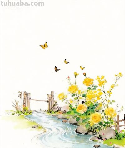 国风水彩风格:蝴蝶绕花飞，流水绕小桥！ - 图画吧TUHUABA