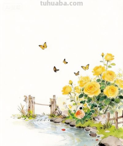 国风水彩风格:蝴蝶绕花飞，流水绕小桥！ - 图画吧TUHUABA