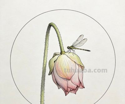 彩铅描绘荷花 蜻蜓轻盈 色彩淡雅生动丨窗前看雪彩铅荷花图分享 - 图画吧TUHUABA