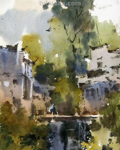 每日一画 | 溪桥浸翠涵烟霭，村舍笼幽入画屏 ——乡间行·写意水彩 - 图画吧TUHUABA