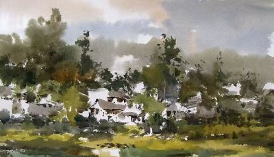 每日一画 | 江南春绿漫村郭 云气轻笼水墨间——又绿江南邨·写意水彩 - 图画吧TUHUABA