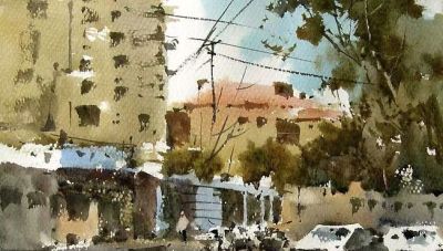 每日一画 | 街隅树影摇晴日，楼角风轻入画来——小街·风景写意水彩 - 图画吧TUHUABA