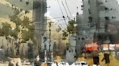 每日一画 | 街衢车影流光转，树色参差入画来——街景·风景写意水彩 - 图画吧TUHUABA