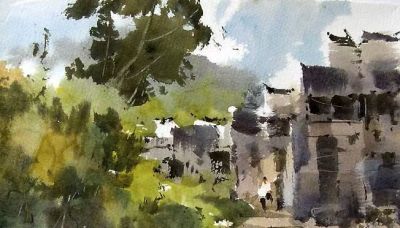 每日一画 | 春深巷陌人家静，树色青黄入画来——春分·风景写意水彩 - 图画吧TUHUABA