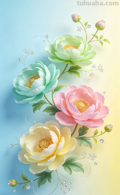 梦幻花卉插画，色彩柔和，清新自然，宛如春日暖阳。 - 图画吧TUHUABA