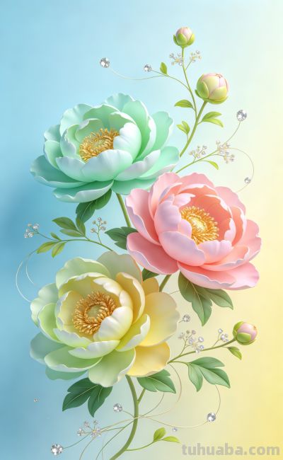 梦幻花卉插画，色彩柔和，清新自然，宛如春日暖阳。 - 图画吧TUHUABA