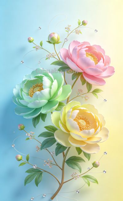 梦幻花卉插画，色彩柔和，清新自然，宛如春日暖阳。 - 图画吧TUHUABA