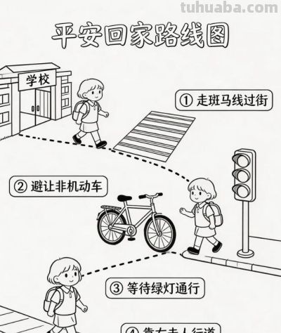 全国中小学生安全教育日福利：萌系交通安全手抄报，打印即涂色 - 图画吧TUHUABA