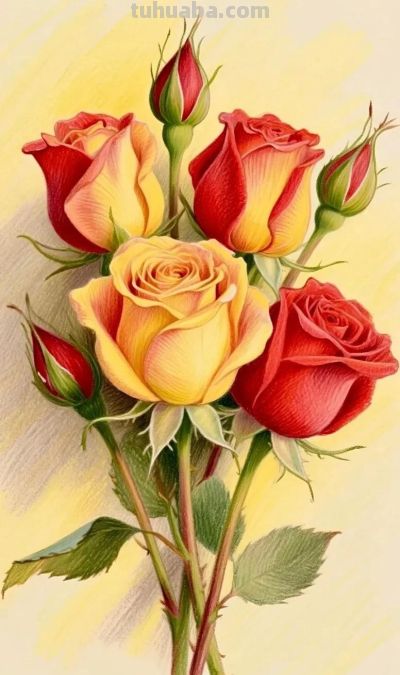 彩铅画，多彩玫瑰花 - 图画吧TUHUABA