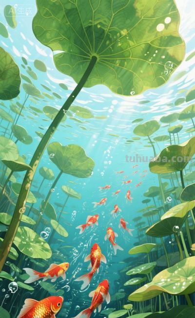 水彩插画风格:鱼戏荷叶间！ - 图画吧TUHUABA