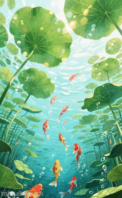 水彩插画风格:鱼戏荷叶间！ - 图画吧TUHUABA