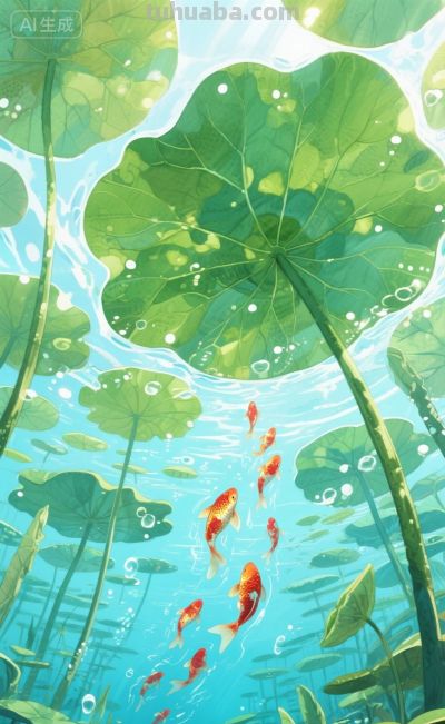 水彩插画风格:鱼戏荷叶间！ - 图画吧TUHUABA