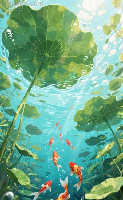 水彩插画风格:鱼戏荷叶间！ - 图画吧TUHUABA