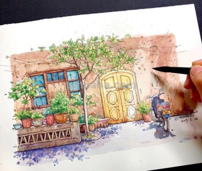 95后美女教你画钢笔淡彩，张张都是精品，构图和配色超棒 - 图画吧TUHUABA