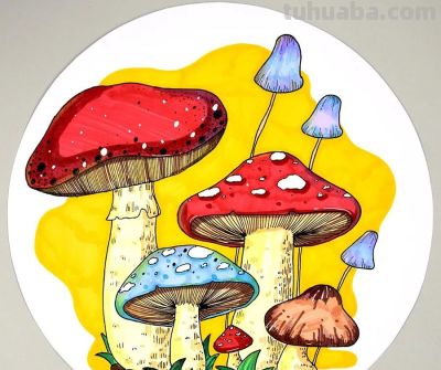 儿童画教程｜水彩笔绘画课程《一丛五彩的小蘑菇》 - 图画吧TUHUABA