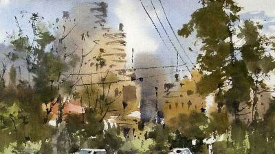 每日一画 | 车过树阴光影碎，街心写就一城秋——街头拾影·水彩写意 - 图画吧TUHUABA