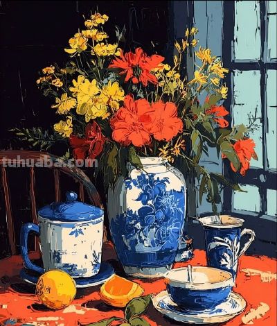 青花素瓶映花柔 橙蓝相衬静案头 一隅清欢画中游丨xiexie插画分享 - 图画吧TUHUABA