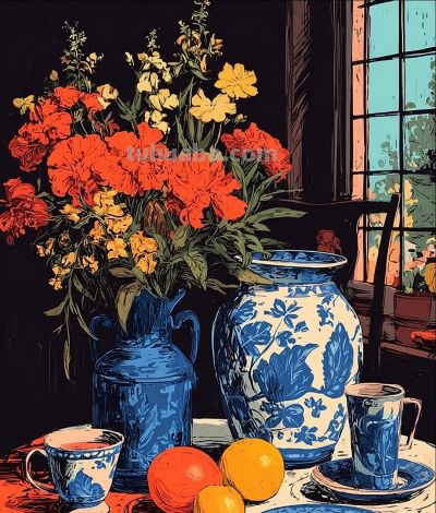 青花素瓶映花柔 橙蓝相衬静案头 一隅清欢画中游丨xiexie插画分享 - 图画吧TUHUABA