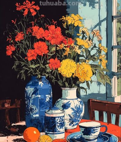青花素瓶映花柔 橙蓝相衬静案头 一隅清欢画中游丨xiexie插画分享 - 图画吧TUHUABA