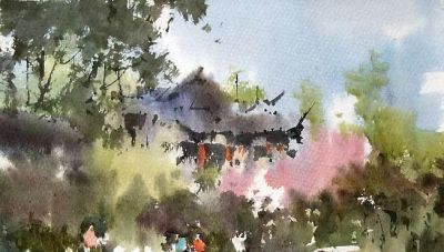 每日一画 | 花气濛濛人影乱 春光都入一奁中——风景小品·大写意水彩 - 图画吧TUHUABA